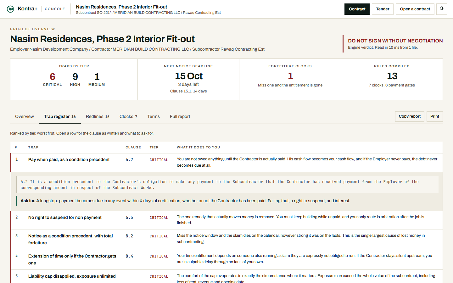 Kontra+ console, trap register, on the Nasim Residences demo contract